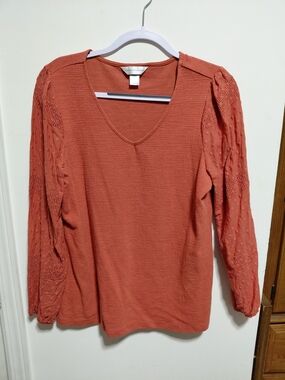 Christopher & Banks Textured V-Neck Long Sleeve Top in Terracotta